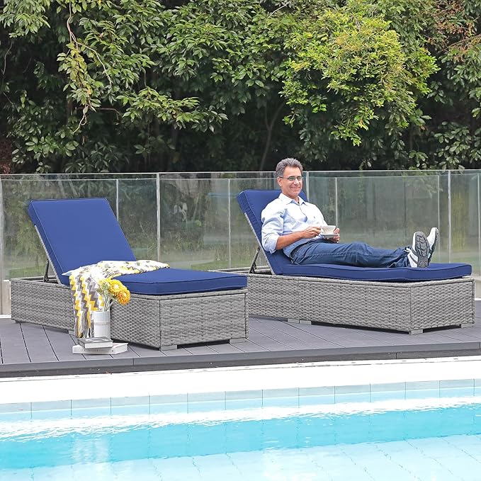 Patiorama Outdoor Patio Chaise Lounge Chair, Elegant Reclining Adjustable Pool Rattan Chaise Lounge Chair with Cushion, Grey PE Wicker, Steel Frame, for Deck, Poolside, Backyard (Blue)