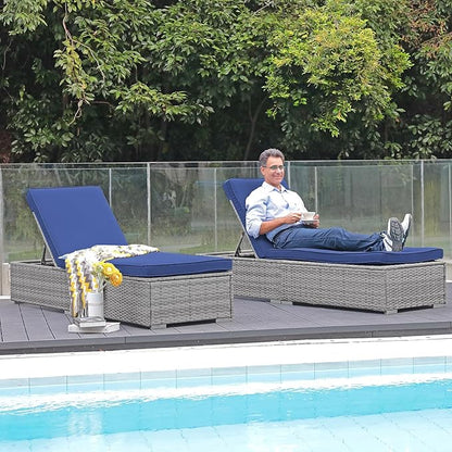 Patiorama Outdoor Patio Chaise Lounge Chair, Elegant Reclining Adjustable Pool Rattan Chaise Lounge Chair with Cushion, Grey PE Wicker, Steel Frame, for Deck, Poolside, Backyard (Blue)