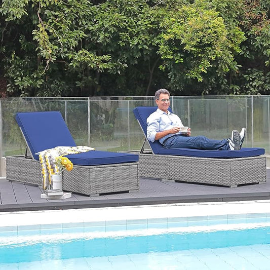 Patiorama Outdoor Patio Chaise Lounge Chair, Elegant Reclining Adjustable Pool Rattan Chaise Lounge Chair with Cushion, Grey PE Wicker, Steel Frame, Blue, Set of 4