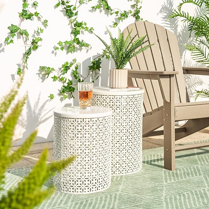 Glitzhome Outdoor Side Table Set of 2, Decorative Garden Stool for Patio, Heavy Duty Metal Frame Accent Table Modern End Table, Cream White | Indoor Outdoor, Heavy Duty, Accent Table, Modern End Table