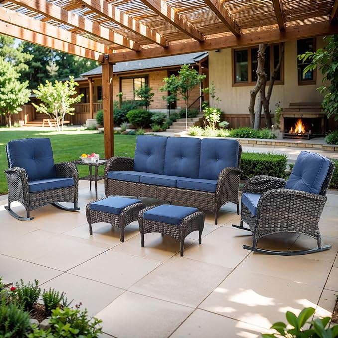 Belord Outdoor Patio Furniture - Wicker Sofa with Removable Cushion, 3 Seater Rattan Couch with Deep Seat, High Backrest, All-Weather for Balcony, Deck, Backyard, Brown/Blue