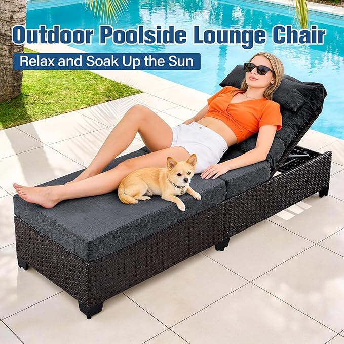 Outdoor Chaise Lounge Chair, Patio Rattan Adjustable Recliner with 5-Inch Thick Cushion, Heavy Duty Metal Lounger for Pool Beach Yard (Gray)