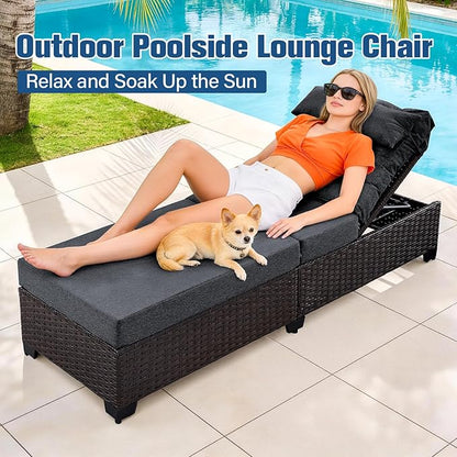 Outdoor Chaise Lounge Chair, Patio Rattan Adjustable Recliner with 5-Inch Thick Cushion, Heavy Duty Metal Lounger for Pool Beach Yard (Gray)