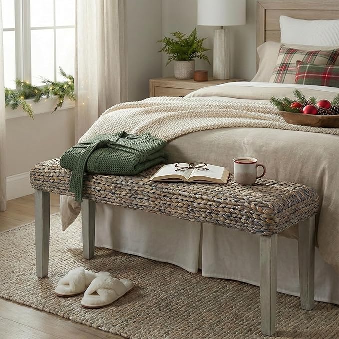Solid Wood Acacia Indoor Bench with Natural Woven Seat, Wood Bench for Living Room or Entryway - Photo 1