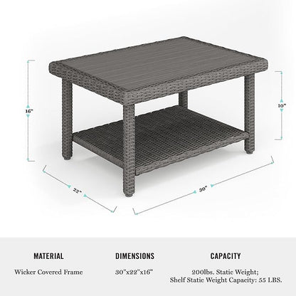 Martha Stewart Bedford Indoor-Outdoor Patio Coffee Table with Lower Shelf, Faux Wood Top, and Rattan Wicker Finish in Gray