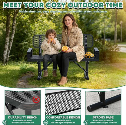 Heavy-Duty Park Bench for Outside - Black Coated Outdoor Furniture Steel Bench, Commercial-Grade Outdoor Benches Weatherproof for Park, Patio, Porch (Portable with Back, 4/6/8 Ft) (Black & Arm, 4FT)