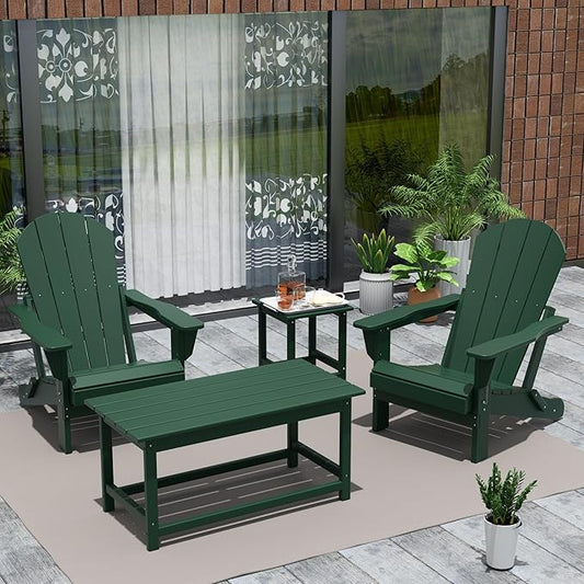 Costaelm 4-Piece Set Outdoor/Patio Poly Adirondack Chairs with a Coffee and a Side Table (2 Seater), Dark Green
