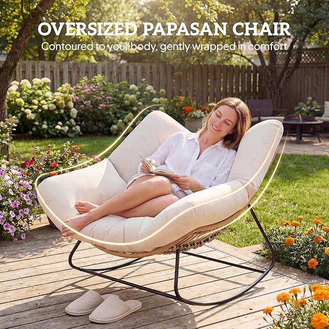 Outsunny Papasan Rocking Chair, Wicker Oversized Indoor Outdoor Rocking Chair with Cushion, PE Rattan Padded Outdoor Rocker Egg Chairs for Living Room, Garden, Patio, Balcony, Beige