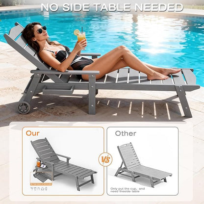 Outdoor Chaise Lounge Chair with Wheels, 6.3ft Full-Length Patio Pool Lounge Chairs,5-Position Adjustable Backrest (Flat Recline), Flip-Down Side Tray,HIPS All-Weather for Poolside, Deck,Beach