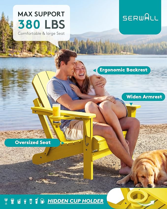 SERWALL Folding Adirondack Chair Outdoor Adirondack Chairs with Cup Holder, Weather Resistant Fire Pit Chairs for Patio - Yellow