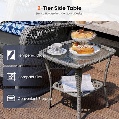 UDPATIO 3 Piece Patio Furniture Set, Wicker Rocking Bistro Set with 2 Rockers, 1 Side Table and 4‘’ Thick Cushions for Backyard, Porch, Balcony, Poolside, Porch, Balcony, Poolside, Grey