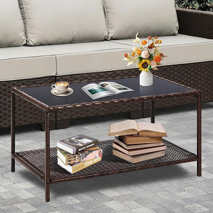 SUNNYPARK Outdoor Rattan Coffee Table 36’’ All-Weather Wicker Patio Side Tables with Glass Top and Storage Shelf - Photo 4