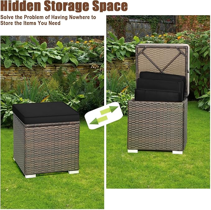 RELAX4LIFE Wicker Outdoor Storage Ottoman, 2-Piece Rattan Footstool w/Removable Cushion - Photo 5