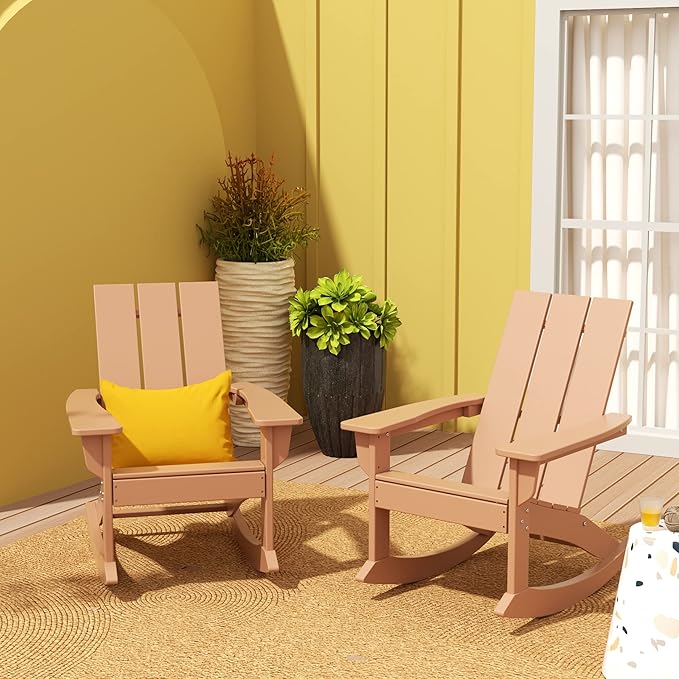 WO WESTIN OUTDOOR HDPE Shoreside Modern Rocking Poly Adirondack Chair (Set of 2),Teak