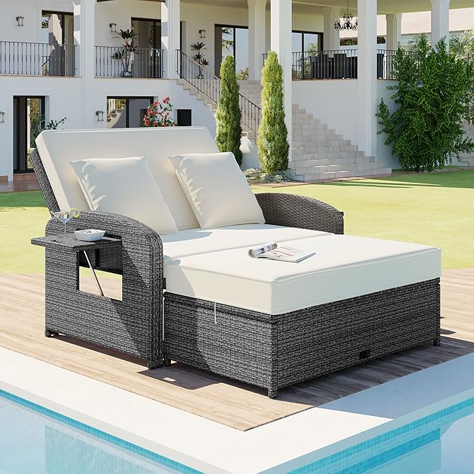 Modern Outdoor Rattan Double Chaise Lounge, 2-Person Reclining Sunbed with 3-Height Adjustable Back - Photo 1