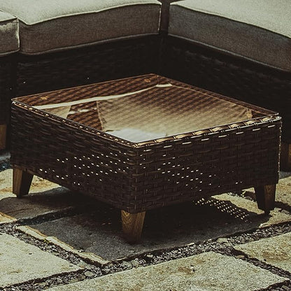 Grand patio Outdoor Coffee Table Wicker Patio Side Table Wicker Patio Table Furniture Conversation Set with Glass Top