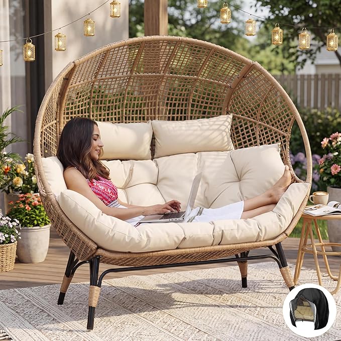 NICESOUL® Double Egg Chair Indoor Outdoor Stationary Oversized Thicken Padded Cushions, 2 Person Egg Loveseat Chair - Photo 1