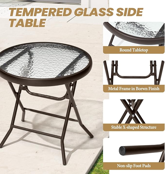 Foldable Patio Side Table Set of 2 with Tempered Glass Top 18" Folding Outdoor Side Tables Set of 2 Small Glass Patio - Photo 5