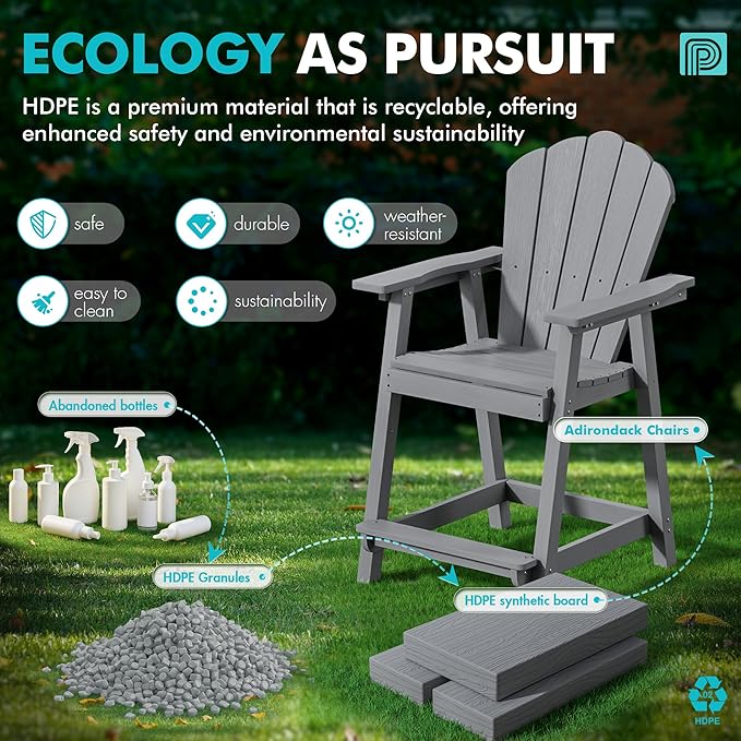 Tall Adirondack Chair Set of 2 with Double Connecting Tray, Recycled HDPE with Wood Grain, Weather Resistant, Outdoor Adirondack Chairs for Deck, Balcony, Patio, Backyard, Light Grey
