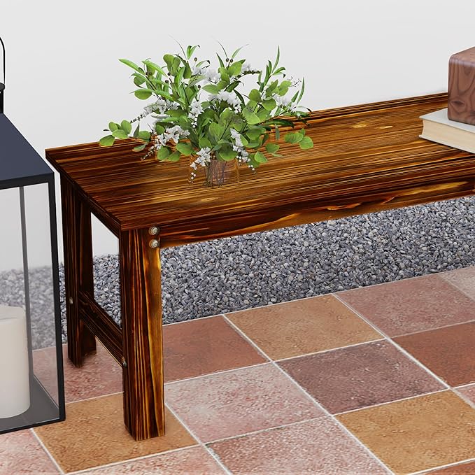 Outsunny 2-Seat Wood Garden Bench, Outdoor Patio Bench with Slatted Seat, Backless Front Porch Bench for Deck, Park, Poolside, Garden, Carbonized