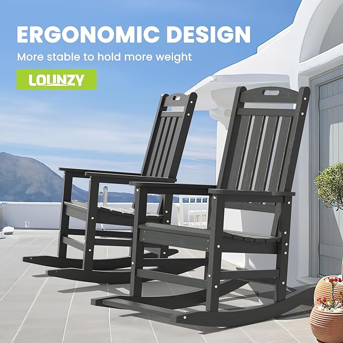 LOUNZY Outdoor Rocking Chair with Footboards Set of 5, HDPE Rocking Chair Patio Porch Rocker with 380lbs Support for Adult, Grey
