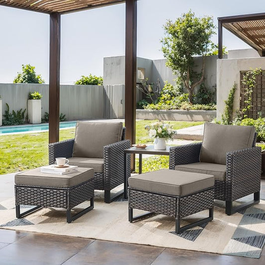 Rilyson Wicker Outdoor Patio Furniture Set - 5 Piece Patio Conversation Set with 2 Wicker Armrest Chairs,2 Rattan Ottoman and 1 Metal Side Table for Outside Porch Deck Backyard Garden(Brown/Grey)