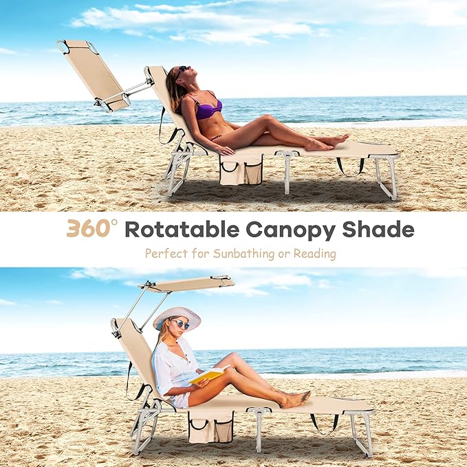 GYMAX Beach Chair with Canopy Shade, Folding Tanning Lounge with Adjustable Backrest, Carry Handle & Side Pocket - Photo 7
