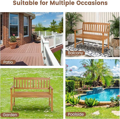 Wooden Garden Bench, Outdoor Bench Acacia Wood with Slatted Seat, Comfy Backrest & Armrest, 2-Person Loveseat Patio Bench for Porch Balcony Backyard Park, 800 LBS Max Load (43” x 22" x 34")