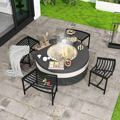 Metal Outdoor Curved Fire Pit Bench Set of 4, Fire Pit Seating Waterproof, Steel Backless Outside Tree Bench for Garden,Patio,Porch,Backyard,Heavy Duty Plant Holder, Style 1, Black