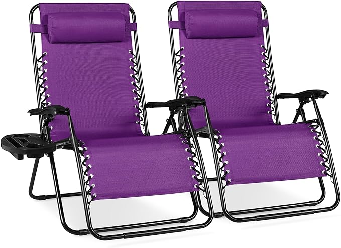 Best Choice Products Set of 2 Extra Wide Adjustable Steel Mesh Zero Gravity Lounge Chair Recliners w/Pillows and Cup Holder Trays - Amethyst Purple
