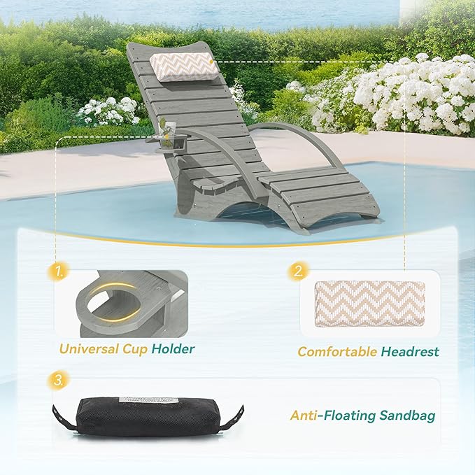 Pool Lounge Chairs Set of 4, Shallow Water 8-10 Inches Deep, HDPS Fade Resistant Pool Tanning Chair with Armrest, Cup Holder, Headrest, 330lbs Capacity, Outdoor Beach Deck Sun Lounger, Gray