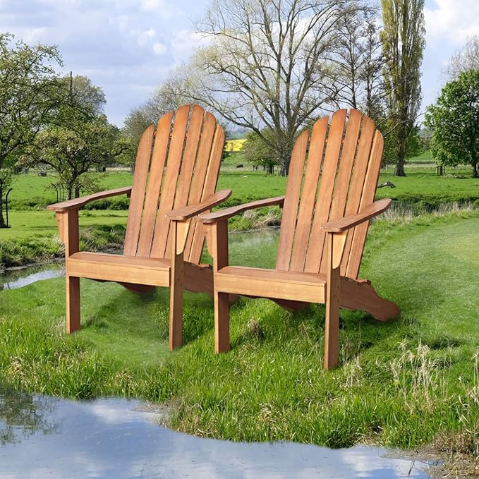 RELAX4LIFE Adirondack Chairs Set of 2, Acacia Wood Adirondack Lounge Chair, Weather Resistant Outdoor Chair for Patio Garden Porch Deck, 350 LBS Weight Capacity, Wooden Fire Pit Chairs (2, Natural)