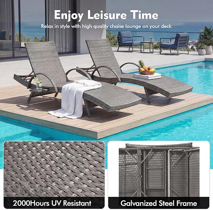 80'' Outdoor Wicker Chaise Lounge Chairs Set of 6, Patio Rattan Reclining Chair with Pull-Out Side Table - Photo 6