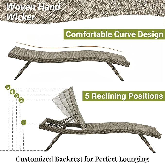 Patio Chaise Lounges, 79’’ Long Reclining Chairs with 5-Position Adjustable Backrest, PE Rattan Lounge Chair - Photo 5