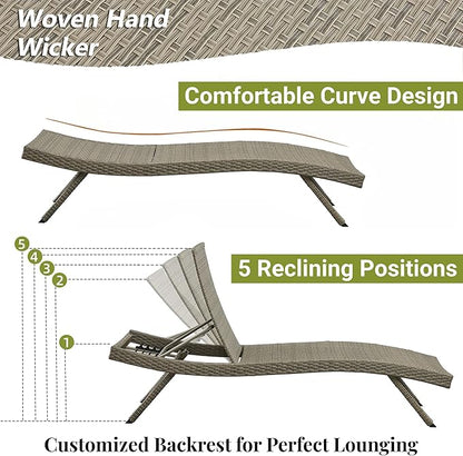 Patio Chaise Lounges, 79’’ Long Reclining Chairs with 5-Position Adjustable Backrest, PE Rattan Lounge Chair, Set of 2 with Cushions for Sunbathing Poolside Garden Backyard, Gray