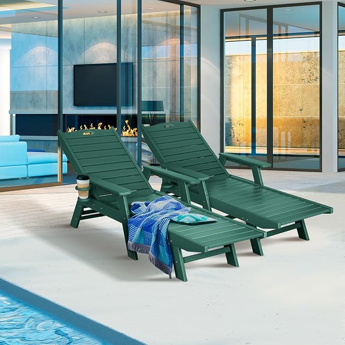 nalone Chaise Lounge Outdoor with 5-Position Adjustable Backrest, HDPE Lounge Chair for Outside Supports Up to 400 LBS, Pool Lounge Chairs for Patio Poolside Deck Beach Backyard (Green)