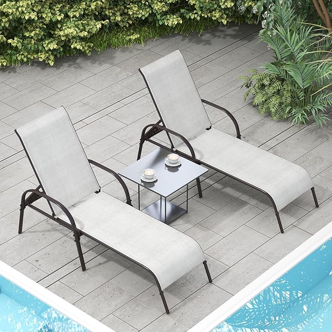 Nightcore Chaise Lounge Chair Outdoor, Pool Chair with 5 Adjustable Backrest, Patio Lounge Chairs with Breathable Fabric, Comfortable Armrest, Chaise Lounge for Patio, Pool, Bench (2, Light Grey)