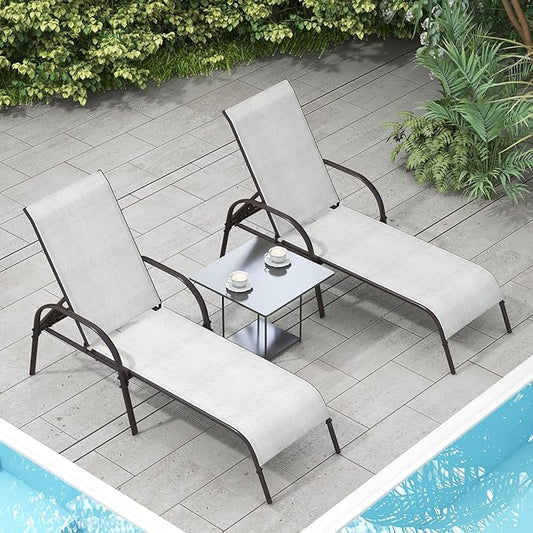 Nightcore Chaise Lounge Chair Outdoor, Pool Chair with 5 Adjustable Backrest, Patio Lounge Chairs with Breathable Fabric, Comfortable Armrest, Chaise Lounge for Patio, Pool, Bench (2, Light Grey)