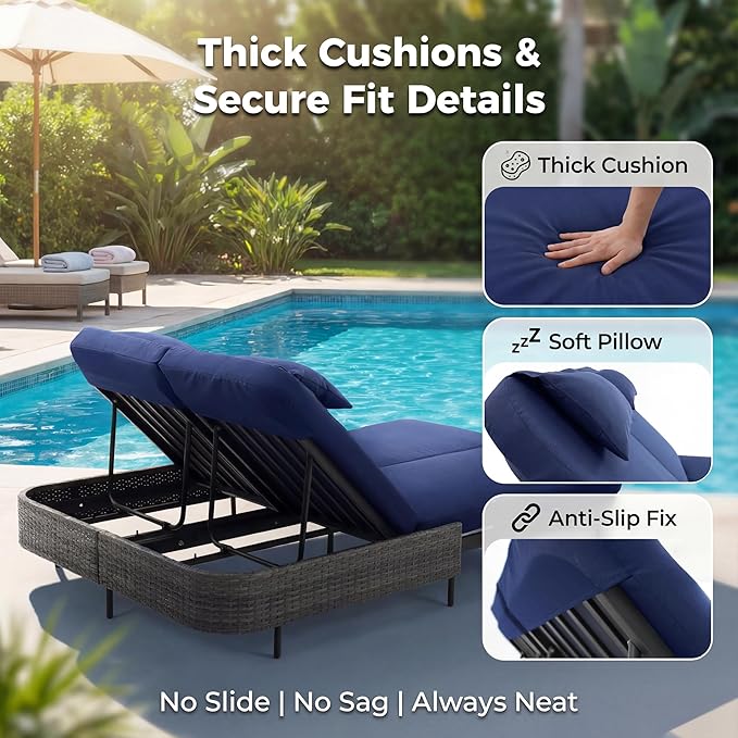 NICESOUL Double Chaise Lounge Outdoor, 51.2" Wide 2-Person Daybed with Independent Recline - Photo 6