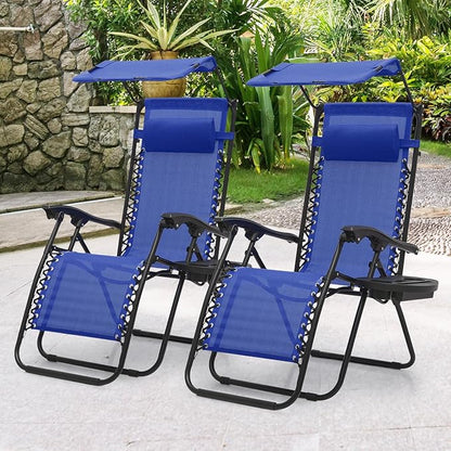 MoNiBloom Zero Gravity Chair Set of 2 with Canopy Shade, Patio Folding Anti Gravity Recliner, Foldable Outdoor Lounger with Cup Holder Tray for Beach Camping, Blue