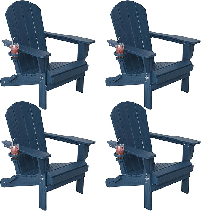 Outdoor Folding Adirondack Chair Set of 4 for Patio Fire Pit, Wooden Textured HDPE Adjustable Chairs with Cup Holder, Waterproof All Weather Resistant Plastic for Pool Lawn Garden Backyard(NavyBlue)