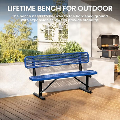 6 Feet Steel Park Bench for Outside, Outdoor Bench with Backrest & Portable Frame, Commercial Benches for Shopping Malls, Stores, Parks, Patios, Decks, Dark Blue