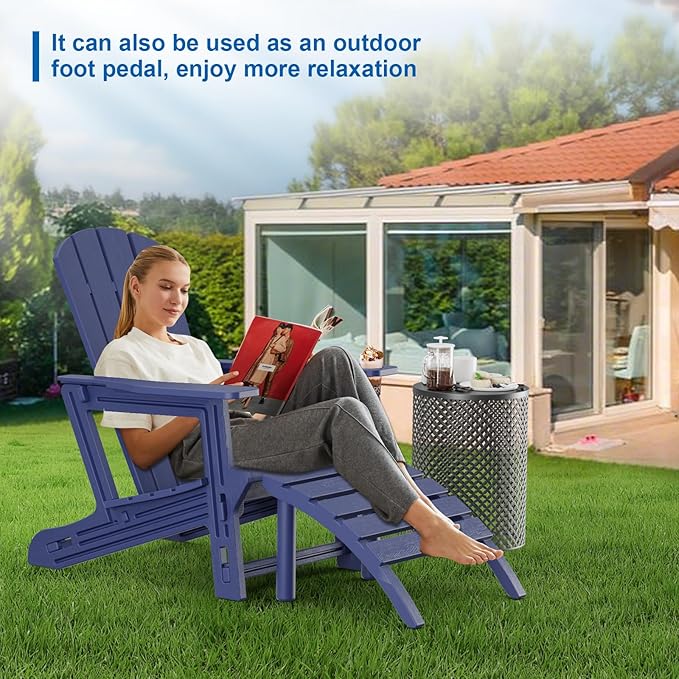 FONTOI Adirondack Ottoman, HDPE Plastic Adirondack Chair Footstool, All Weather Outdoor Footrest for Patio, Backyard, Lawn, Fire Pits, Navy Blue