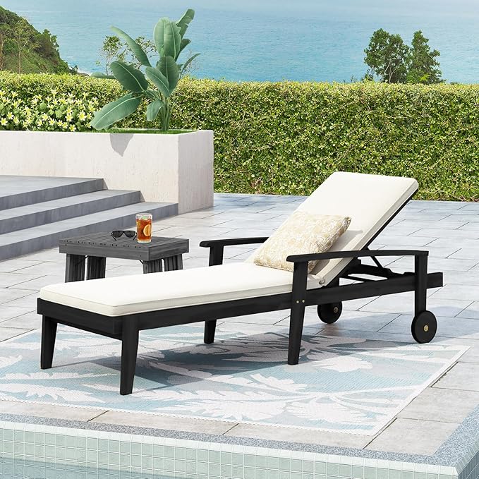 Outdoor Chaise Lounge Chair, Pool Lounge Chairs with Wheels, 5-Position Adjustable Backrest & Wood Frame, Patio Lounge Chair for Pool Poolside Sunbathing Backyard Beach (Black White)