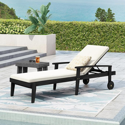 Outdoor Chaise Lounge Chair, Pool Lounge Chairs with Wheels, 5-Position Adjustable Backrest & Wood Frame, Patio Lounge Chair for Pool Poolside Sunbathing Backyard Beach (Black White)