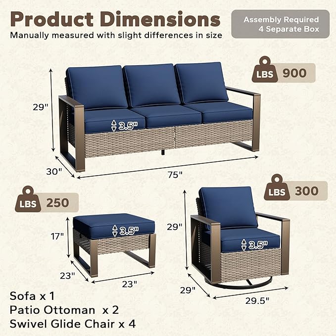 7 Pieces Metal Wicker Patio Furniture Set - 75" Sofa, Four Swivel Chairs and Two Ottomans - Photo 2