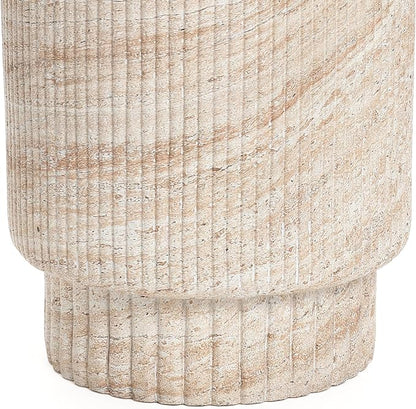 LuxenHome Outdoor Accent Side Table, 18'' Travertine-Style Outdoor Furniture, Round with Ribbed Cement End Table for Patio Backyard Balcony, Modern Coffee Furniture Gift