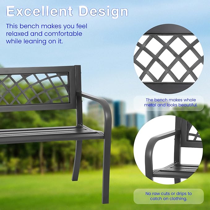 24/7 Shop at Home Lance 46 Inch Modern Metal Outdoor Bench with Back, All Weather Resistant and Non-Slip Footrest, Front Porch Furniture for Yard, Lawn, Park, Patio, Garden Chair, Black