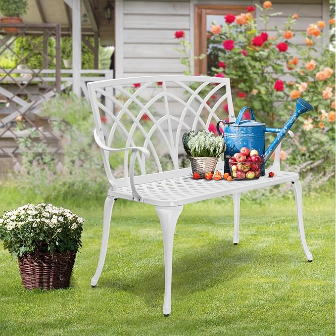 VINGLI 38" Outdoor Bench Cast Aluminium Garden Bench, Orchid Porch Benches Patio Benches Deck Furniture for 1-2 Person Seat(White)