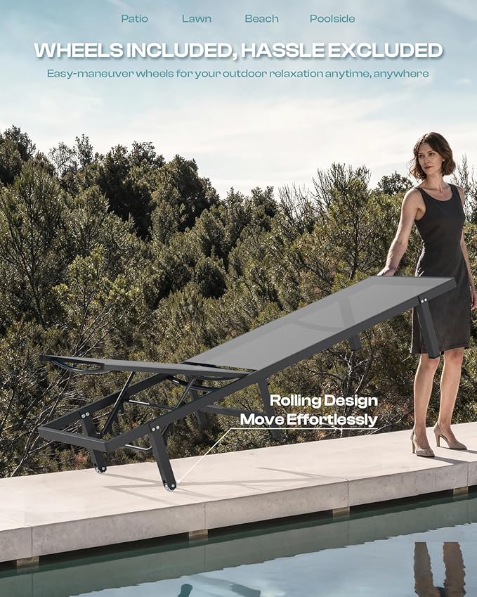 Lounge Chair Outdoor with Wheels, Aluminum Chaise Lounge Outdoor Chair with 5 Adjustable Backrest - Easy to Move- Pool Lounge Chairs for Patio, Poolside, Darkgray